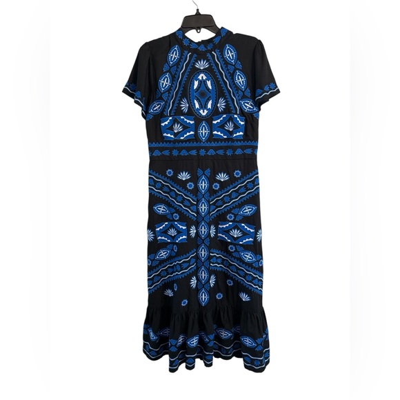 Johnny Was Jade Stephy Midi Dress Embroidered Blue Black Size 10 Boho Luxe - Picture 3 of 9